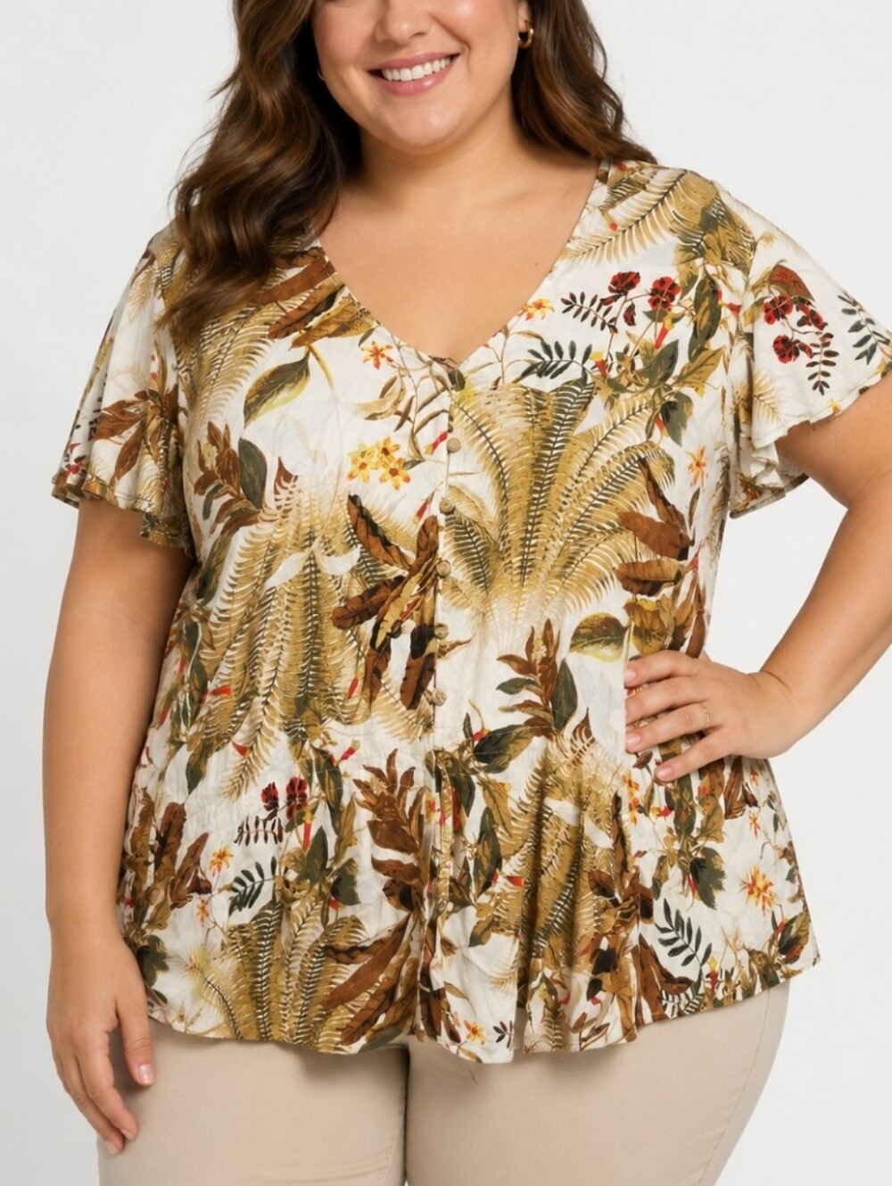 NWT Tropical Print 1X Lily Morgan Short Sleeve Plus Size Peplum Flutter Sleeve